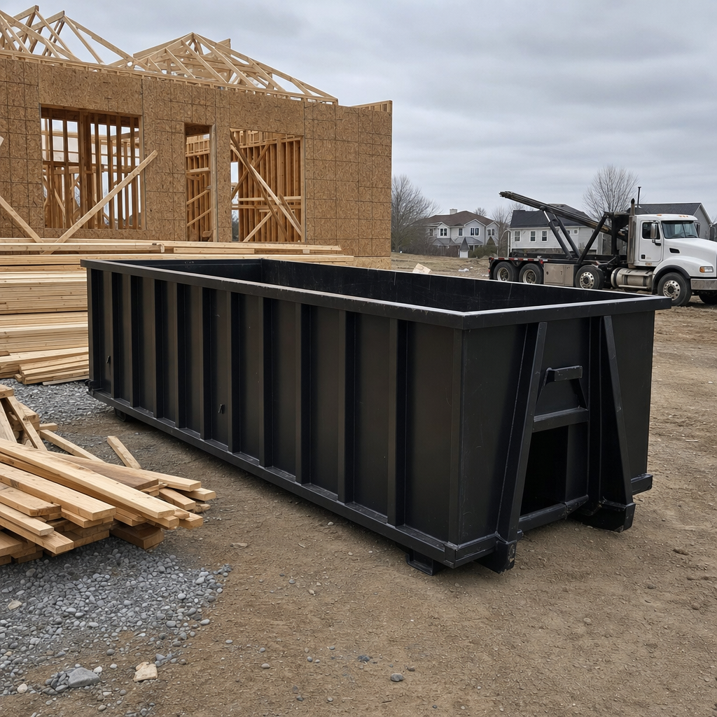 Matte-black 40-yard roll-off dumpster staged on a framed-out residential construction site in Charlotte, framing lumber stacked nearby, hooklift delivery truck visible in the background under bright Colorado daylight