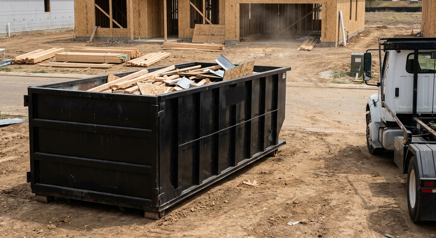 Matte-black 20-yard roll-off construction dumpster with heavy ribbed steel sidewalls and swing rear doors at a working jobsite in Charlotte, sitting directly on compacted dirt with an unmarked white hauler partially visible at the far edge of the frame.