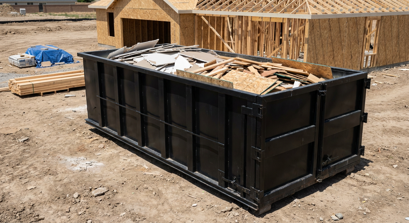 Matte-black 30-yard roll-off construction dumpster sitting directly on the compacted-dirt site of a framed single-family home build in Charlotte, drywall and lumber scrap loaded inside.