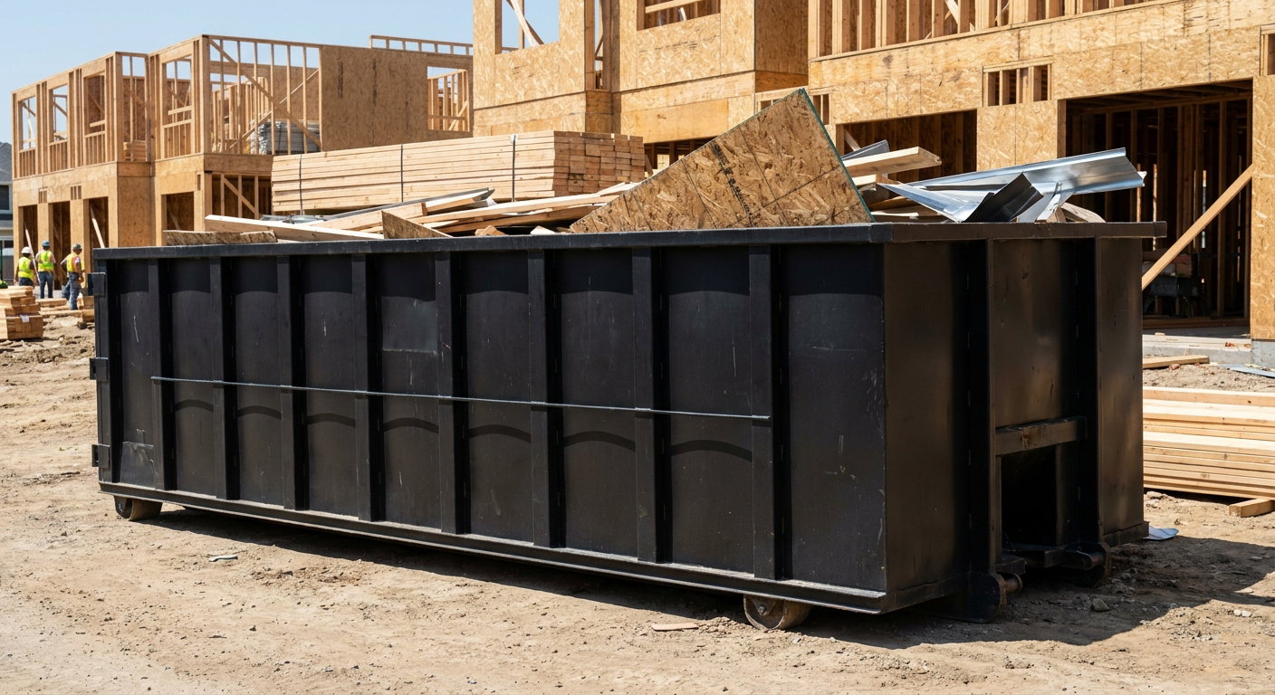 Matte-black 40-yard roll-off construction dumpster being lowered from a white-cab hooklift delivery truck onto the compacted-dirt jobsite at a commercial build site in Charlotte