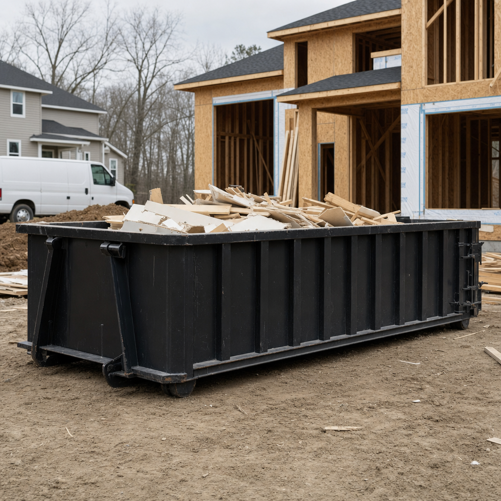 Worker in a yellow high-visibility vest tossing framing lumber and broken drywall into a matte-black 30-yard construction roll-off dumpster on an active build site in Charlotte, bright daylight