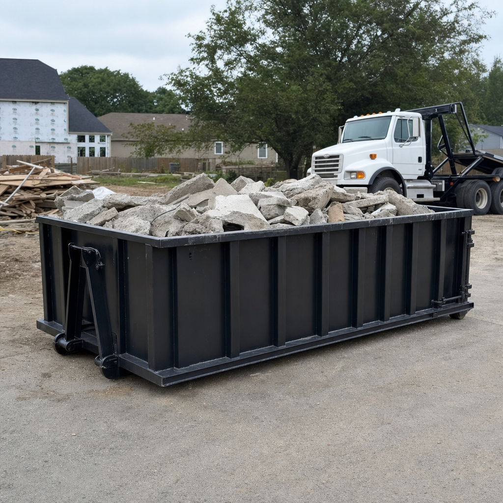 Low-profile matte-black lowboy roll-off dumpster loaded with broken concrete slab and rebar at a foundation tear-out in Charlotte, skid steer parked beside it, sunny Colorado morning