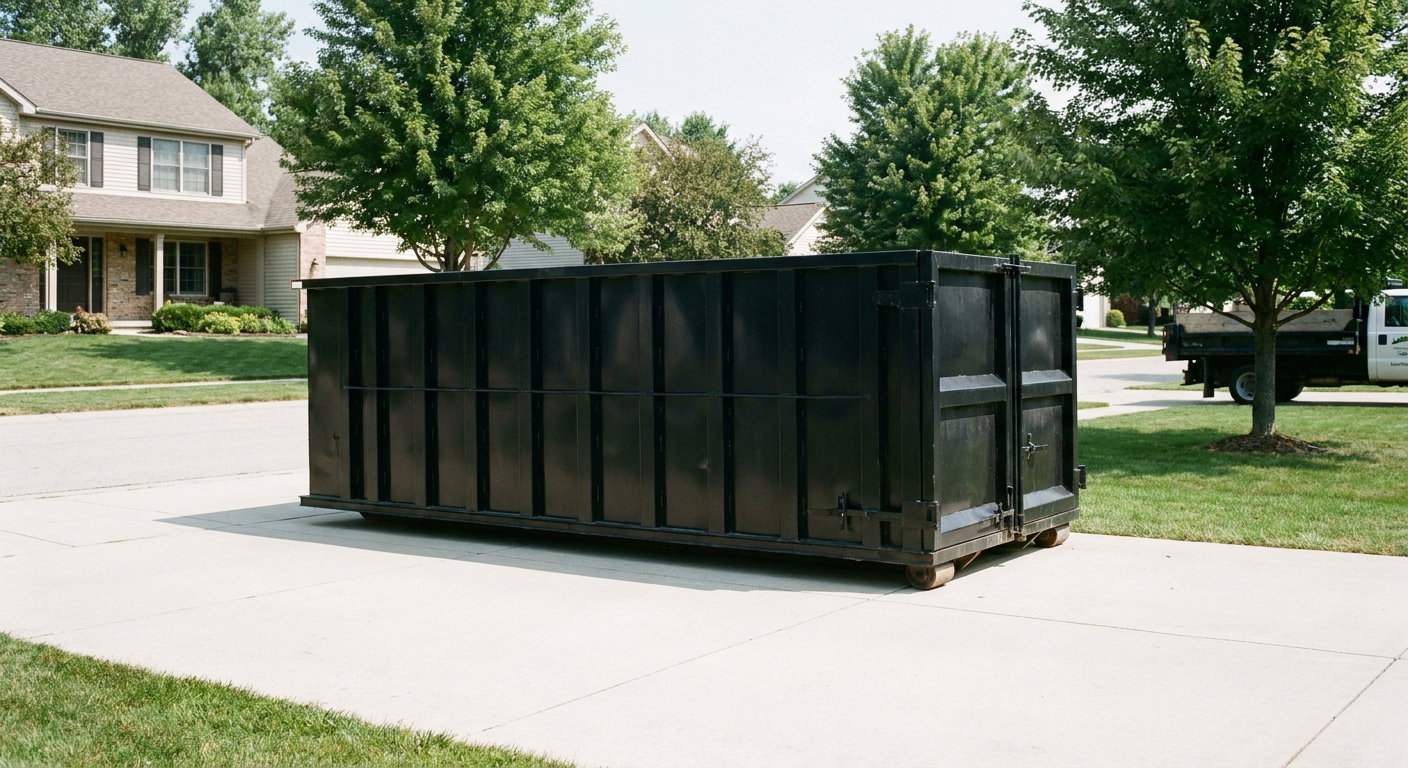 Matte-black 20-yard roll-off dumpster sitting level on a clean Charlotte residential concrete driveway under bright daylight, demonstrating clean placement directly on the concrete.
