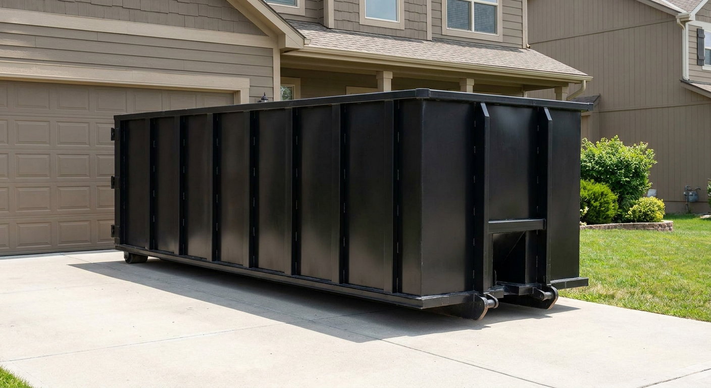 Matte-black residential roll-off dumpster sitting directly on a suburban Charlotte concrete driveway, garage door closed, single-family home in background, bright morning daylight.