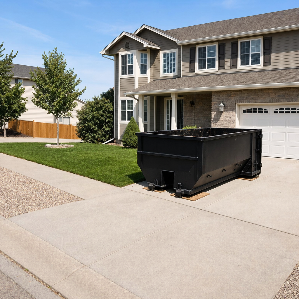 10-yard matte-black residential dumpster placed directly on a narrow Charlotte concrete driveway, room remains for a parked sedan beside it, mid-morning natural light