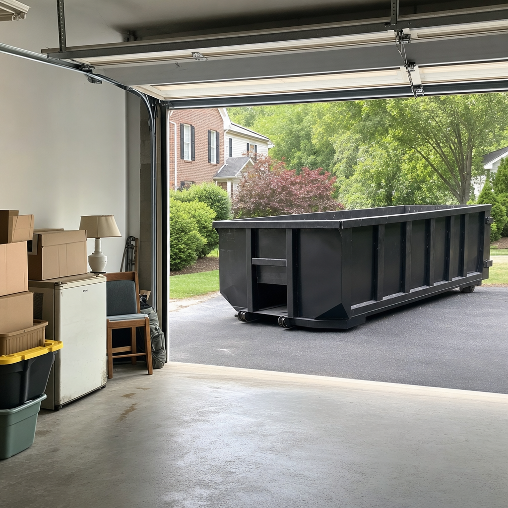 Open garage interior in a Charlotte home mid-cleanout — boxed items, an old appliance, and stacked yard tools queued near the driveway for a matte-black roll-off dumpster, organized and calm