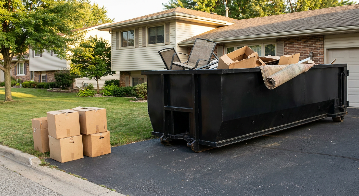 Front-yard view of a Charlotte split-level home with a 20-yard matte-black roll-off dumpster sitting directly on the asphalt driveway, a few clearly labeled donation boxes staged at the curb, calm sunny afternoon.