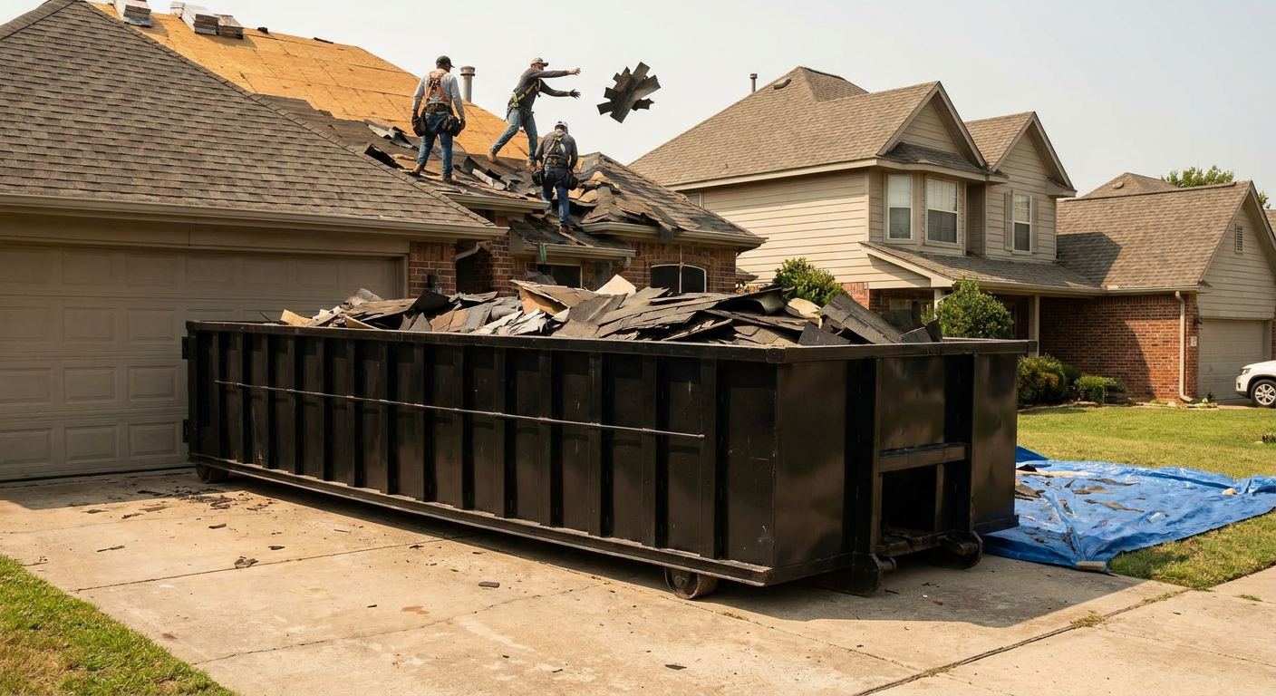 Matte-black roofing roll-off dumpster placed directly on a Charlotte residential concrete driveway, a tear-off crew on a two-story asphalt-shingle roof tossing shingle bundles into the low-walled container, bright daylight, documentary 35mm perspective.