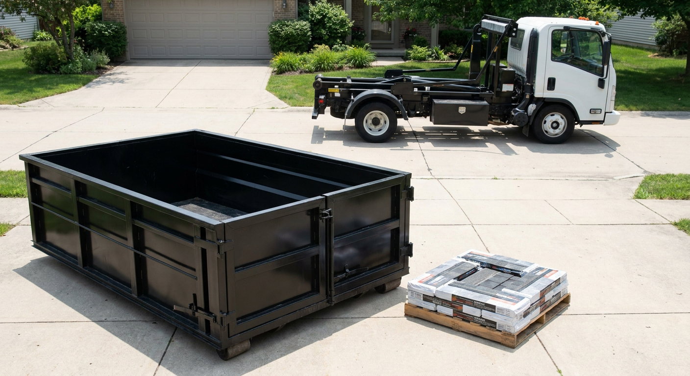 Matte-black 15-yard roofing roll-off dumpster with reinforced low side walls sitting directly on a Charlotte residential concrete driveway, three-tab asphalt shingle bundles stacked nearby, an unmarked white hauler truck partially visible at the edge of the frame.