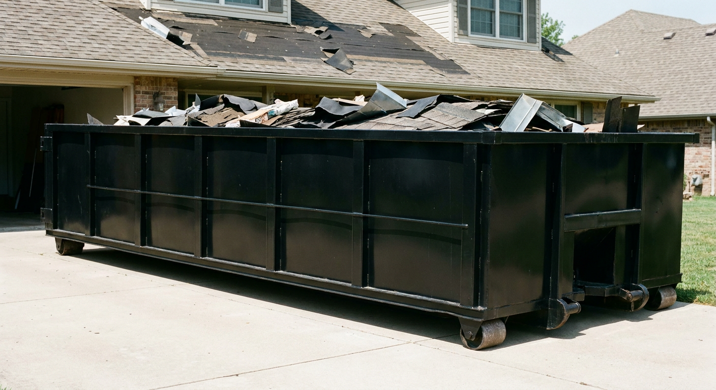 Matte-black 20-yard roofing roll-off dumpster with steel ribbed sides and swinging rear door, sitting directly on the concrete driveway of a two-story Charlotte home, asphalt shingle debris being loaded over the low wall, clean documentary lighting.