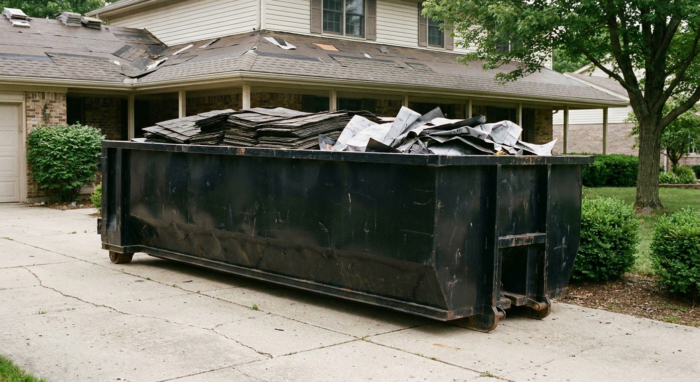 Matte-black 30-yard roofing roll-off dumpster sitting directly on a Charlotte concrete driveway, taller ribbed steel side panels, mixed tear-off debris of asphalt shingles and underlayment inside, professional documentary daylight.