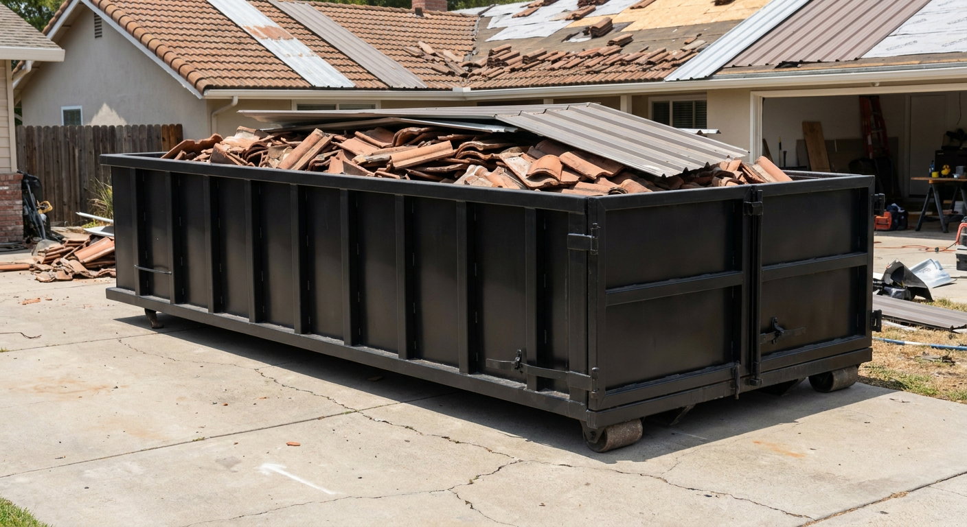 Matte-black low-wall heavy-debris roofing roll-off dumpster sitting directly on a Charlotte concrete driveway, broken concrete clay roof tiles and metal panel sections loaded inside, reinforced ribbed steel side walls visible, bright outdoor daylight.