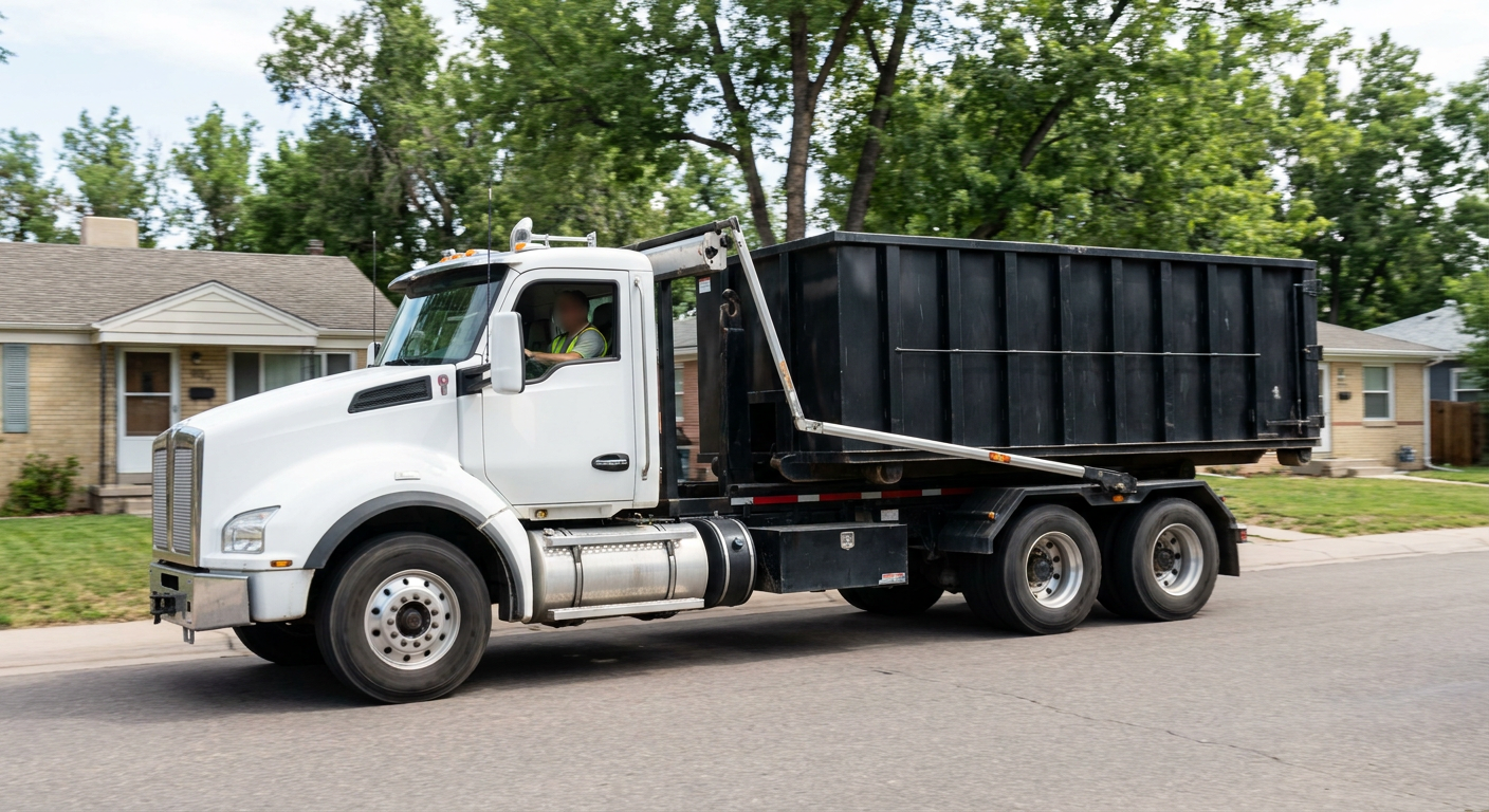 A wide documentary shot of a matte-black roll-off delivery truck pulling onto a quiet Charlotte residential street at mid-morning, with neighborhood rooftops and tree-lined blocks visible behind, showing the metro coverage footprint.