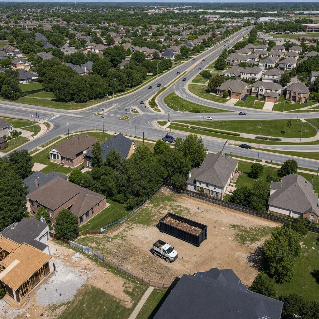 An overhead documentary view of the Charlotte metro area at midday, showing the spread of neighborhoods, arterial roads, and the dispatch radius from a central yard — clean daylight, organized geographic layout.