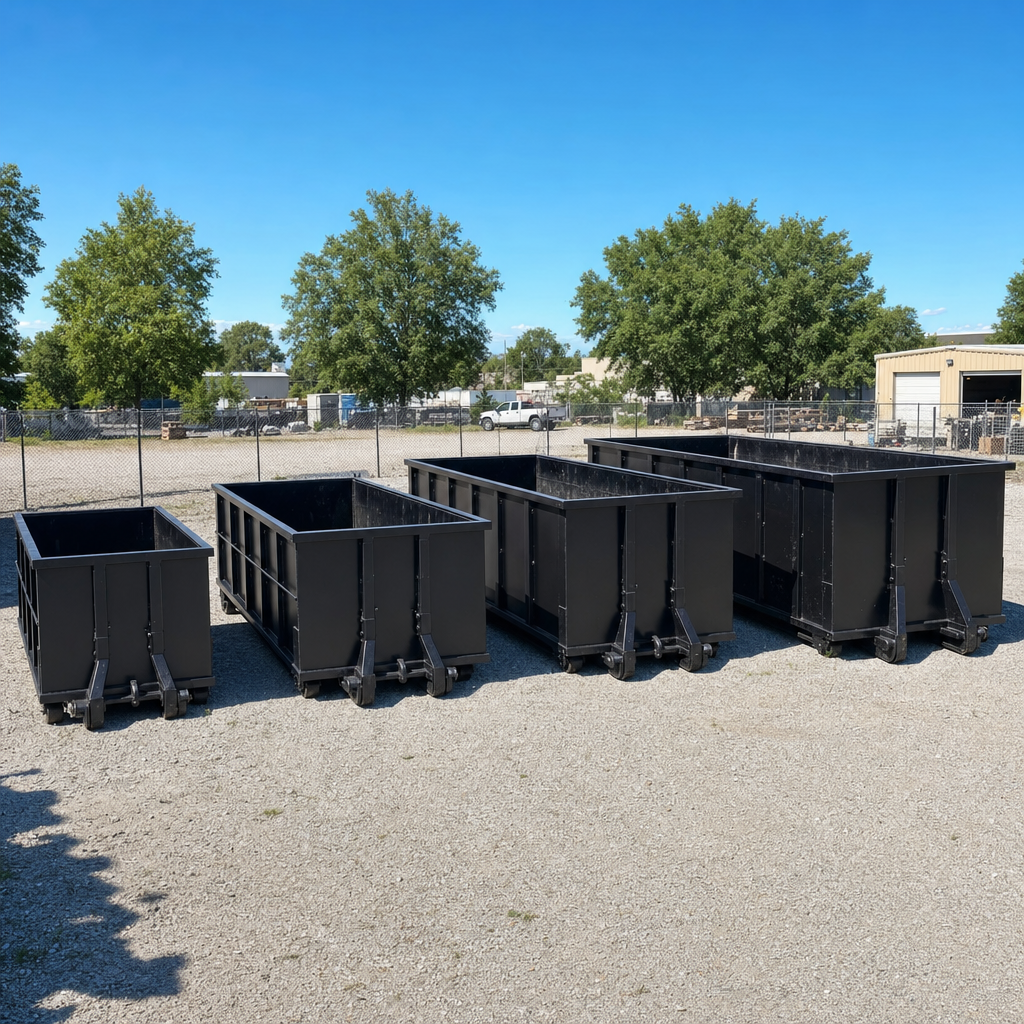 A clean lineup of matte-black roll-off dumpsters in 10, 20, 30, and 40-yard sizes staged on a sunlit gravel yard in Charlotte, showing the size progression from compact to commercial-scale containers.