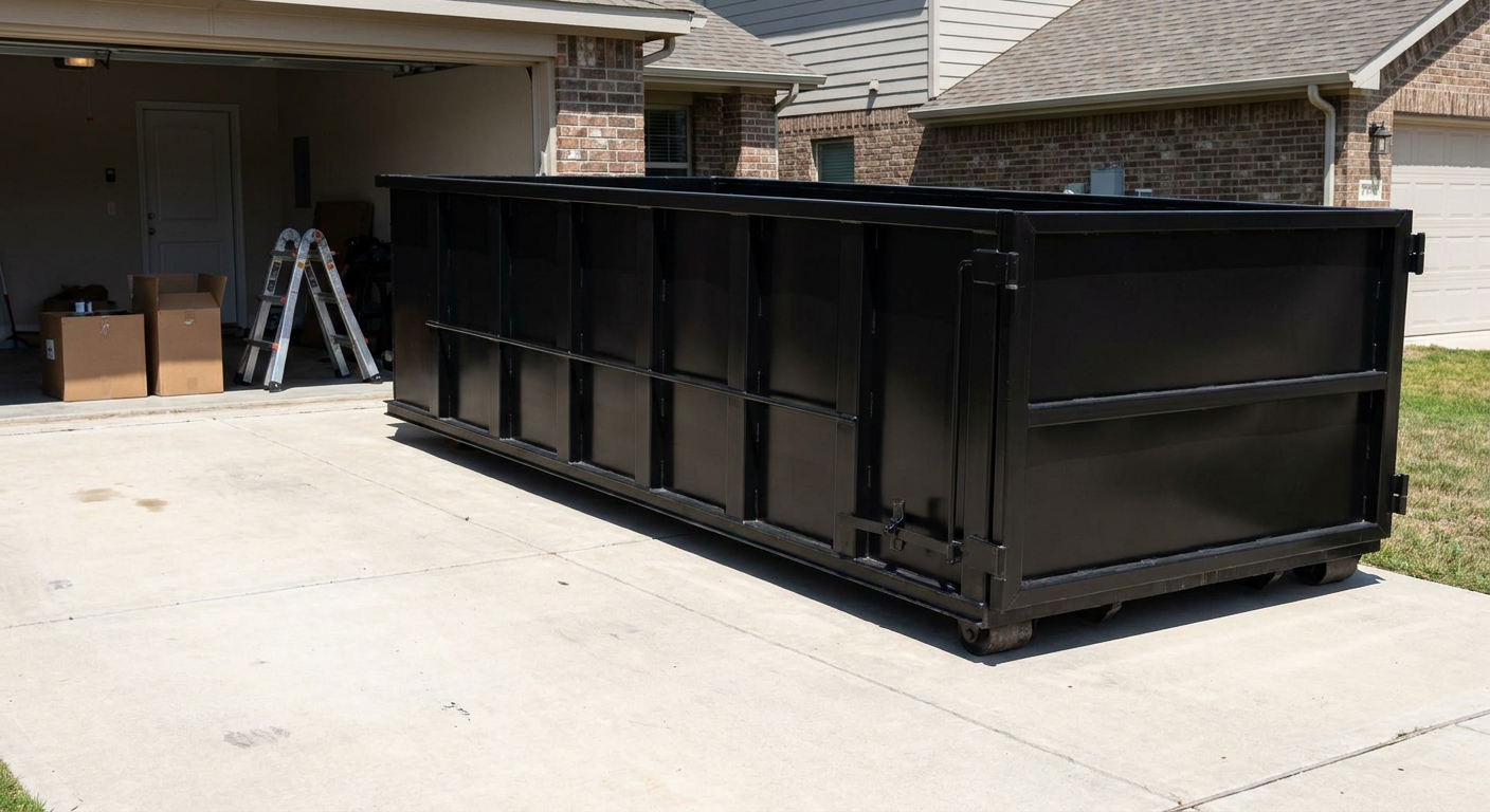 A matte-black 10-yard roll-off dumpster sitting directly on a residential Charlotte concrete driveway, mid-day sunlight, clean and ready for a garage cleanout.