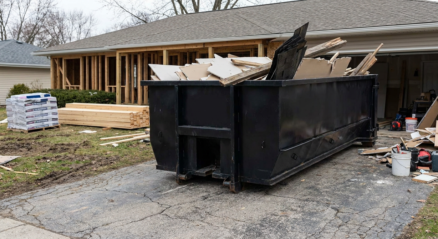 A matte-black 20-yard roll-off dumpster placed alongside a mid-renovation Charlotte home directly on the asphalt driveway, with framing materials and torn-off shingles staged neatly nearby.