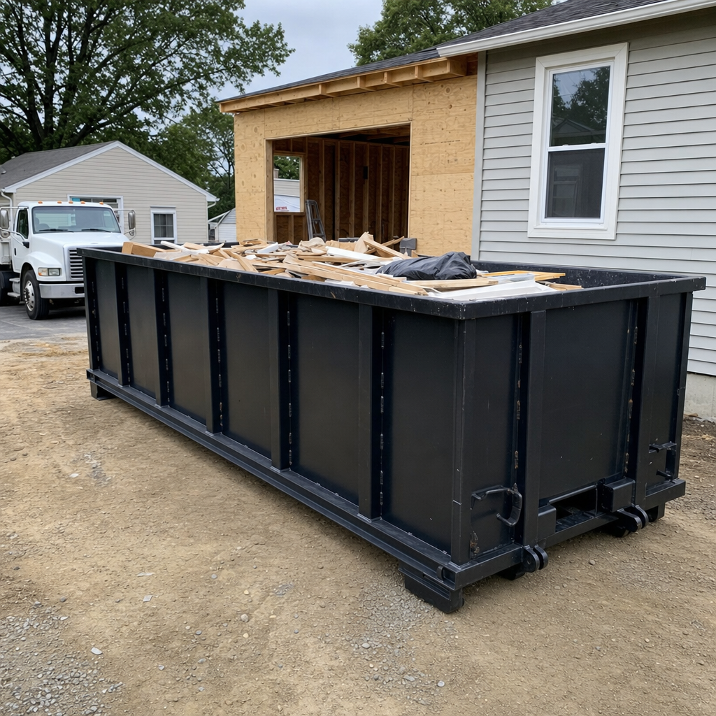 A matte-black 30-yard roll-off dumpster positioned at a Charlotte residential addition jobsite, with framing lumber and drywall scraps loaded through the open swinging rear doors.