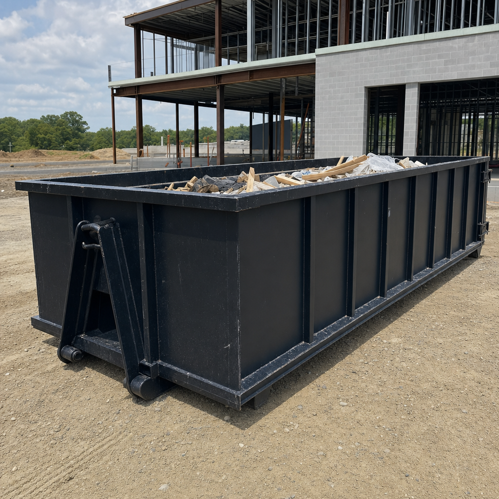 A matte-black 40-yard roll-off dumpster staged on a large Charlotte commercial construction lot, with a hooklift delivery truck parked alongside under bright midday sky.