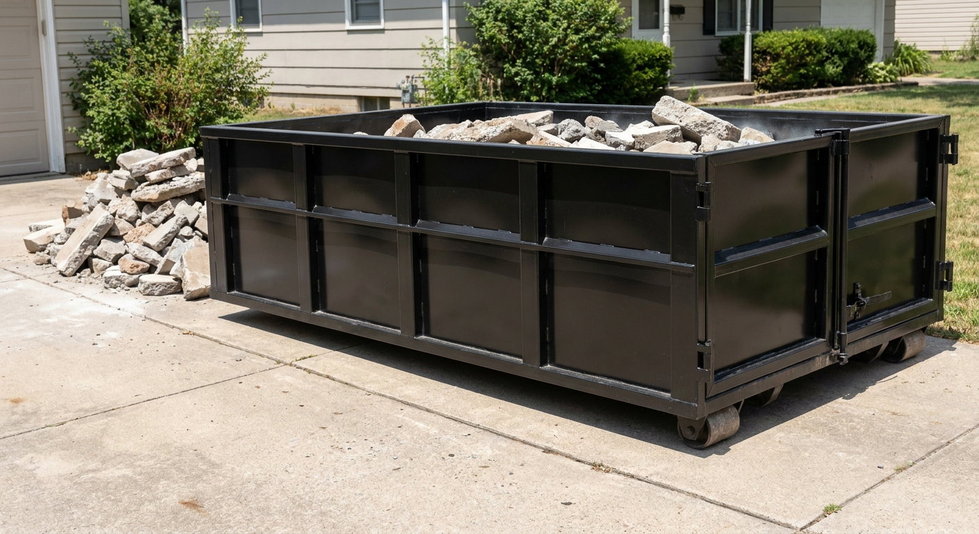 A matte-black low-side heavy-debris roll-off dumpster placed directly on a Charlotte concrete driveway, with broken concrete chunks neatly stacked beside it under clean daylight.